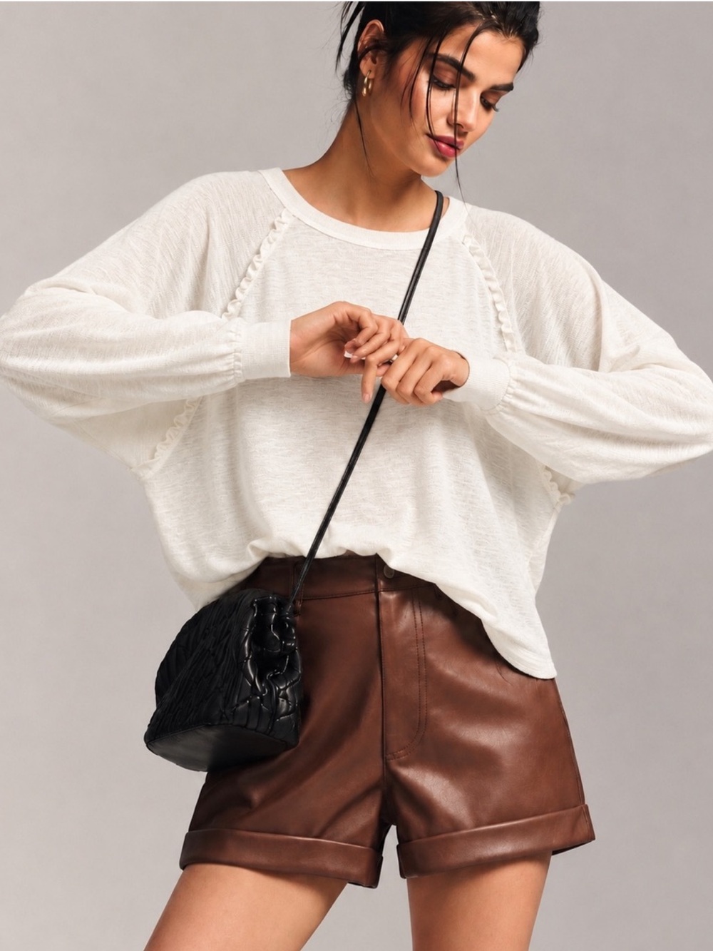 Anthropologie Pilcro Ruffled Raglan Thermal Top in Light Cream, size XS